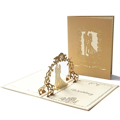 Abbildung von Olakin Pop Up Hochzeitskarte, Karte, 3D Glückwunschkarte mit Hochwertigem Umschlag, für Hochzeitstag, Hochzeitsgeschenk, Geburtstag, Hochzeitseinladung (Gold)