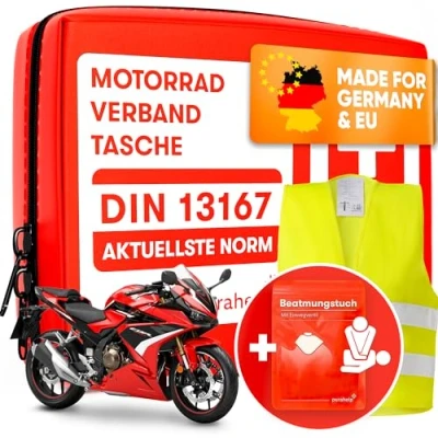 Abbildung von Purahelp KFZ Verbandtasche Motorrad Verbandskasten aktuelle Norm 2024 DIN 13167 (StVO konform), (29 St), Inkl. Warnweste &amp; Beatmungstuch Erste Hilfe Set