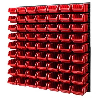 Abbildung von PAFEN Wandregal Stapelboxen Lagersystem 772 x 780 mm 63 Stück Boxen Werkstatt Schüttenregal Werkzeuglochwand (Rot)