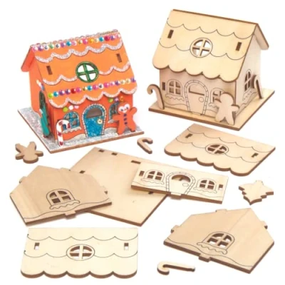 Abbildung von Baker Ross AX364 Lebkuchenhaus Teelichthalter aus Holz 3 Stück, Festliche Kreativsets und Bastelbedarf zum Basteln Dekorieren zur Weihnachtszeit