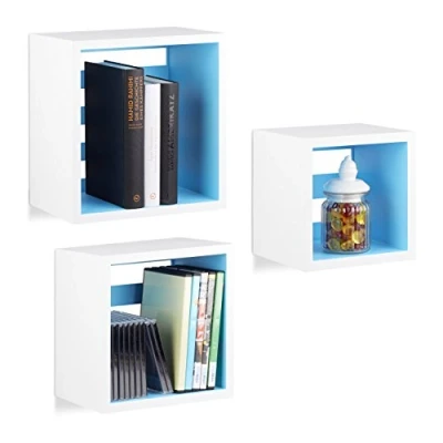 Abbildung von Relaxdays Hängeregale Cube, Wandregal 3er Set, quadratische Würfel Regale für Wand, schwebende Regale, MDF, weiß/blau