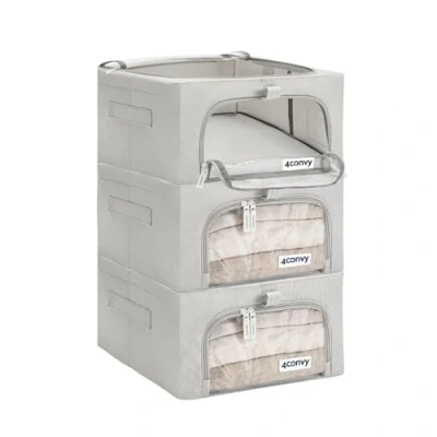 Abbildung von 4CONVY feste faltbare Kleideraufbewahrung Box mit Metallrahmen, 2 transparente Fenster [2024 VERBESSERTES MATERIAL] Aufbewahrungstasche für Bettdecken stabile Aufbewahrungsbox Kleidung 3x24L