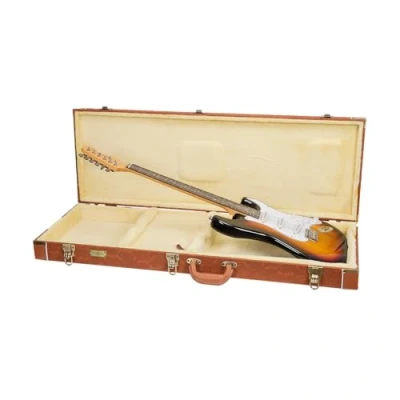 Abbildung von Crossrock Relief Series Holzkoffer für E Gitarren, Fender Telecaster &amp; Stratocaster, mit stark strukturierter Oberfläche, Kunstfell in Nerzoptik, Edelstahlverschlüssen Redwood (CRW630ERO)
