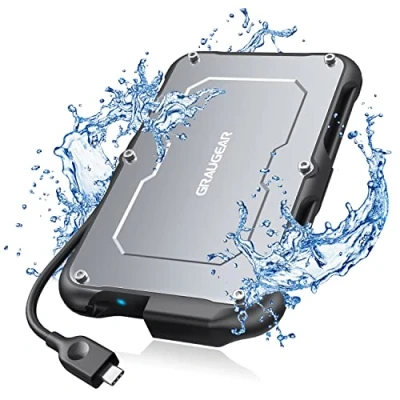 Abbildung von GRAUGEAR USB C Externes Gehäuse für 2,5 Zoll SATA SSD/HDD, UASP, 3.2 Gen2, IP66 Wasserdicht, Stoßfest, Integriertes Kabel, G 2502 10G