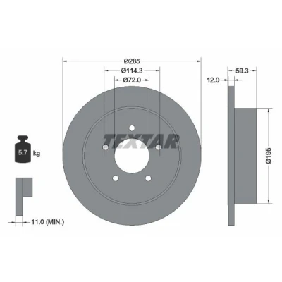 Abbildung von TEXTAR PRO 92194003 Bremsscheibe 285 12 05/05 114,3 voll beschichtet ohne Radlager, Radbefestigungsbolzen, Radnabe JEEP: Cherokee III