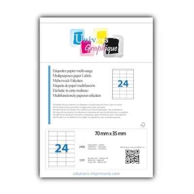 Abbildung von 100 Bogen DIN A4 zu je 24 Etiketten (70 x 35 mm) = 2.400 bedruckbare Etiketten, permanent haftend, mattweiß. Kompatibel mit allen gängigen Drucksystemen und Softwareprogrammen