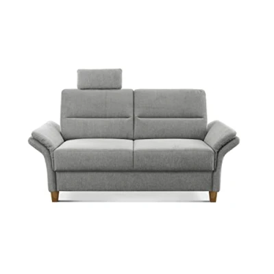 Abbildung von CAVADORE 2 Sitzer Sofa Wyk / 2er Couch im Landhausstil mit Federkern, Kopfstütze + Holzfüßen 166 x 90 89 Chenille, Hellgrau