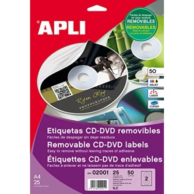 Abbildung von APLI CD/DVD Etiketten, weiß, für Laser und Kopierer, Inket Etikett Ø114mm ws 50St WIEDERABLÖSBAR