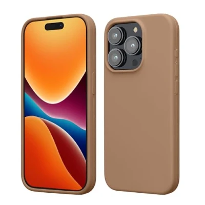 Abbildung von kwmobile Hülle für das iPhone 15 Pro Silikon Handy Case stoßfeste Handyhülle mit weicher Oberfläche Cappuccino