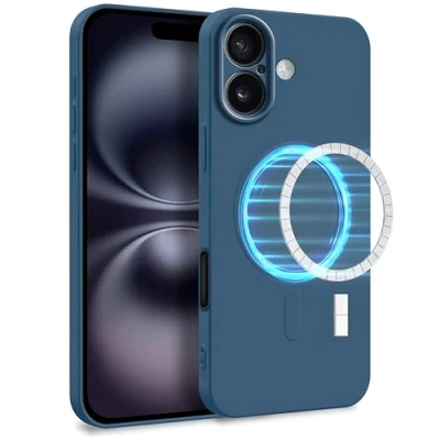 Abbildung von MyGadget Hülle für Apple iPhone 16 [ kompatibel mit MagSafe ] Zweilagige Handyhülle Kameraschutz Cover Innenfutter &amp; Silikon außen Dunkel Blau