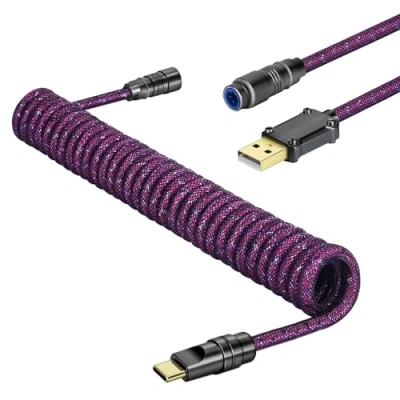Abbildung von MAMBASNAKE C05 Custom Coiled Aviator USB C Kabel für Gaming Tastatur, Braided Nylon, A auf C, Double Sleeved Spiral Mechanical Tastaturkabel, Abnehmbarem CNC Luftfahrtstecker, 4,92Ft RoseRed