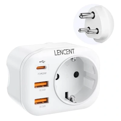 Abbildung von LENCENT Reiseadapter Netzadapter IN Adapter Indien Deutschland Stecker, mit 2 USB QC3,0 + 1 Typ C PD Anschlüße, D Reisestecker Stromadapter für Sri Lanka, Indien, Nepal