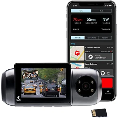 Abbildung von Cobra Smart Dashcam Autokamera mit Innenkamera Full HD 1080P Auflösung, integriertes WiFi &amp; GPS, 16GB SD Karte, 2&quot; Display, gemeinsame Warnungen, Unfallberichte, Notfall MayDay, Drive Smarter App