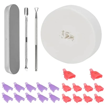 Abbildung von TIMESETL 522Stück Nagellackentferner Clips Set, 10 Kunststoff Finger Nagel Kappe Klammer Zehen 500 Pads Gel Polish Remover mit Nagelhautschäler und Nagelhautschieber