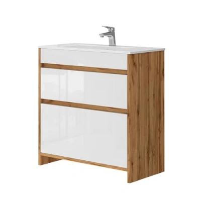 Abbildung von Vicco Waschbeckenunterschrank Detmold, Goldkraft Eiche/Weiß Hochglanz, 2 Teile, Unterschrank 80 cm