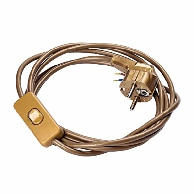 Abbildung von Netzkabel Schuko Stecker an offenes Ende m. Schnurschalter Kabel Schalter Anschluss Zuleitung (2,4m, gold)