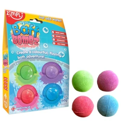 Abbildung von 4 x Badebomben von Zimpli Kids, Badefizzer Geschenkset für Kinder, Feuchtigkeitsspendend &amp; Bio trockene Haut, Geburtstagsgeschenk Jungen Mädchen, Taschengeld Badespielzeug, Vegan Friendly