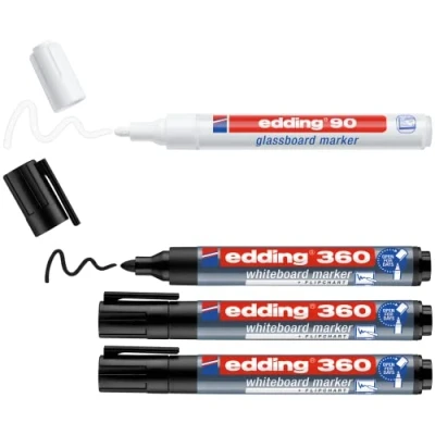Abbildung von edding 360 Whiteboard Marker + 1 x 90 Glasboard Gratis schwarz, weiß 2 3 mm 3+1 Set Stifte zum Schreiben und Markieren auf Whiteboards, auch für Flipcharts
