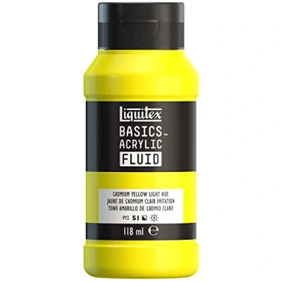 Abbildung von Liquitex 8870380 Basics Fluid Acrylfarbe mit fließender Konsiszenz, schnell trocknend, lichtecht, wasserfest, auf Wasserbasis, 118ml Flasche Kadmiumgelb Hell Farbton