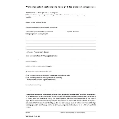 Abbildung von RNKVERLAG 1665 Wohnungsgeberbescheinigung nach § 19 Bundesmeldegesetz (BMG), 2 Seiten, DIN A4, 10 Stück
