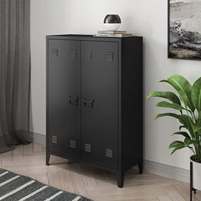 Abbildung von [en.casa] Metallschrank Oripää Wohnzimmerschrank 110 x 75 33 cm Aktenschrank Werkstattschrank mit 2 Türen und höhenverstellbaren Ablagen Schwarz