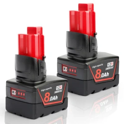 Abbildung von Powarobor 2 Stück M12 12V 8.0Ah Li Ion Ersatzakku Kompatibel mit Milwaukee XC Elektrowerkzeuge, 8000mAh hoher Kapazität Lithium Ionen Akkus für 48 11 2401 2402 2420 2460