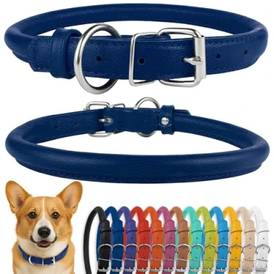 Abbildung von CollarDirect Rundes Leder Hundehalsband, weich gepolstert gerollt, handgefertigtes Echtleder Halsband für Hund Welpe Katze Klein Groß Schwarz Rosa Rot Lila Blau