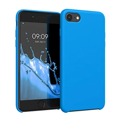 Abbildung von kwmobile Hülle kompatibel mit Apple iPhone SE (2022) / (2020) 8 7 Silikon Handy Case Handyhülle weiche Oberfläche kabelloses Laden Strahlend Blau