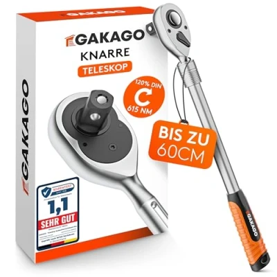 Abbildung von Gakago Teleskop Ratsche 1/2 Zoll bis zu 60cm Extra lange umschaltbare Knarre mit ergonomischen Griff Überlegende Kraft über 615 Nm und präzisen 72 Feinzahn Getriebe
