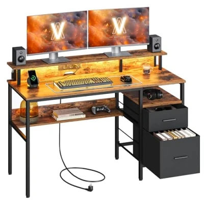 Abbildung von VASAGLE Schreibtisch mit Stoff Schubladen, Computertisch Monitorständer, LED Beleuchtung, 55 x 135 90 cm, eingebaute Steckdosen, 2 USB Anschlüsse, für Homeoffice, vintagebraun LWD094K02