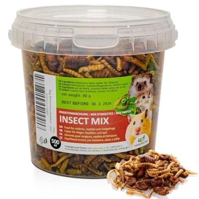 Abbildung von UGF Insektenmischung, 500 Milliliter Eimer ≈ 80g, Igelfutter, Rennmausfutter, Hamsterfutter, Rattenfutter, Eidechsenfutter Mehlwürmer, Soldatenfliegenlarven, Seidenraupen