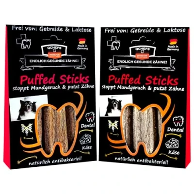 Abbildung von QCHEFS Puffed Sticks: Zahnpflege Hunde als vegetarische getreidefreie Kaustangen nach dem Hundefutter und antibakterieller Mundgeruchentferner (2er Pack)