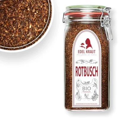 Abbildung von Rooibos Tee BIO 400g im Premium Drahtbügelglas EDEL KRAUT 100% reiner Roibusch Rotbusch geschnitten kbA roiboos tea frei von jeglichen Zusatzstoffen lose