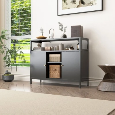 Abbildung von Mein Regal Sideboard Mesh, Kommode Mesh modern Schwarz Metall Schiebetüren Breite 100 cm