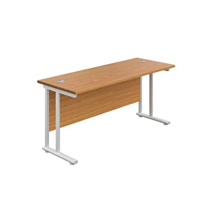Abbildung von office hippo Strapazierfähiger rechteckiger Büroschreibtisch mit Tragebalken, PC Tisch für Büro oder Heimbüro, integriertem Kabelkanal, weißes Gestell, Top Platte aus Eiche, 160 cm x 60
