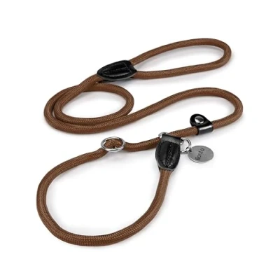 Abbildung von lionto Retrieverleine robust und wetterfest für Hunde Aller Größen, schnell anzulegende Hundeleine Halsband in Einem, 170 cm, fellschonende Führleine mit integriertem Zugstopp, vegan, braun