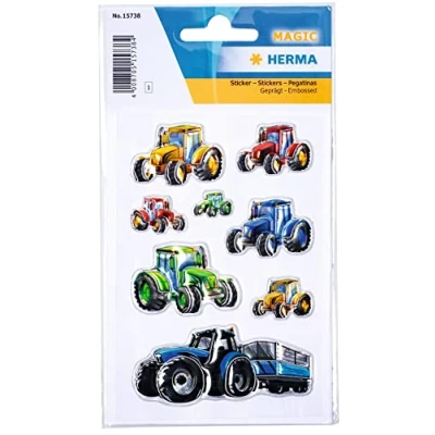 Abbildung von HERMA 15738 Aufkleber Traktor klein groß, 8 Stück, Auto Sticker mit Trecker Motiv und Prägung, Kinder Etiketten für Fotoalbum Tagebuch Poesiealbum Scrapbooking Geburtstag Dekoration Briefe DIY Basteln