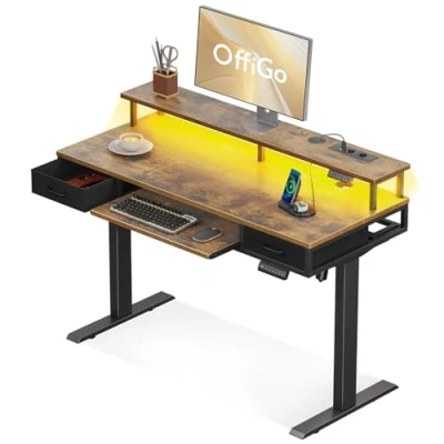Abbildung von OFFIGO Schreibtisch Höhenverstellbar mit Schubladen, 120 cm Elektrischer Tastaturablage, Computertisch Monitorständer, Tisch Steckdosen und Lichtleiste, Braun