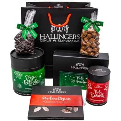 Abbildung von Hallingers Süße Weihnachten Weihnachtliches Geschenkset Gourmet Köstlichkeiten als Geschenkkorb zu (Set) Adventskalender Neuheiten &amp; befüllen Glückwunsch Glückwünsche