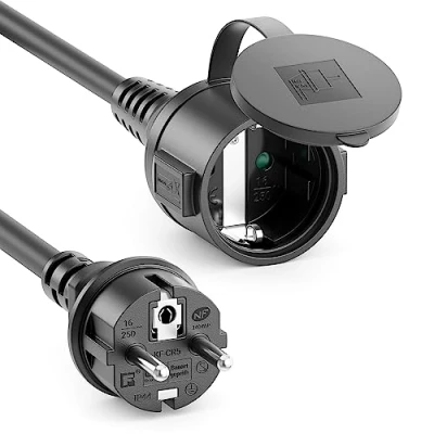 Abbildung von deleyCON 25m Outdoor Verlängerungskabel Stromkabel IP44 Witterungsbeständiges Gummi Strom Kabel für Außenbereich Schutzkontakt Stecker Typ F (CEE 7/4) auf Buchse 7/3) Schwarz