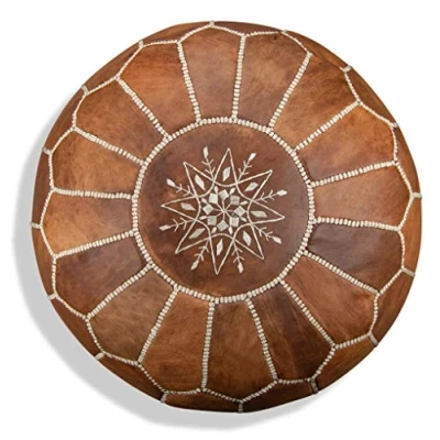 Abbildung von Poufs&amp;Pillows Premium Echt Leder Pouf Handgefertigt gefüllt geliefert Ottoman Sitzsack Fußhocker (Cognac Braun)
