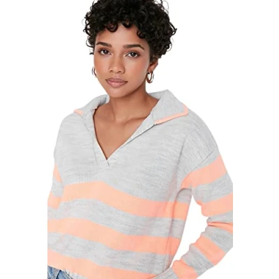 Abbildung von Trendyol Damen Pullover mit V Ausschnitt und Colorblock Sweatshirt, grau, L