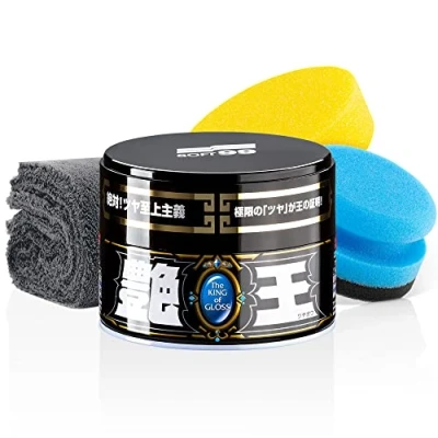 Abbildung von detailmate Soft99 Auto Versiegelung Wachs Set für dunkle Lacke The King of Gloss Dark Weichwachs, Autowachs wasserabweisend, 300gr + Handpolierschwamm Applikator Mikrofaser Poliertuch