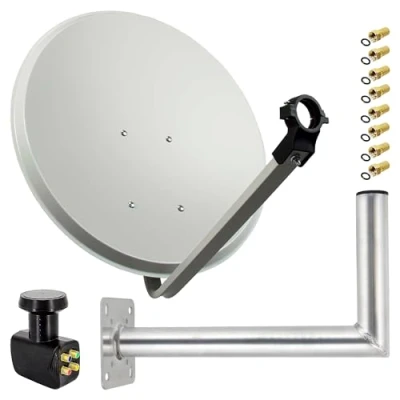 Abbildung von Premium X Satelliten Komplettanlage 80cm Hellgrau Satellitenantenne Satellitenschüssel SAT Quad LNB Wandhalter 45cm 8X F Stecker