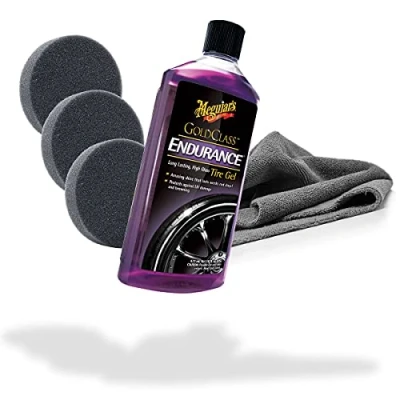 Abbildung von detailmate Reifen Pflegeset für Glanz: Meguiars Reifenpflege Endurance Tire Gel High Gloss 473ml 3er Set Applikatorpads Auftragsschwamm Ø90/22mm + Edgeless GreyLow Mikrofasertuch 380GSM