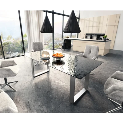Abbildung von Esstisch Edge 200x100 Reliefglas Rauchschwarz 3D Design Edelstahl Schmal