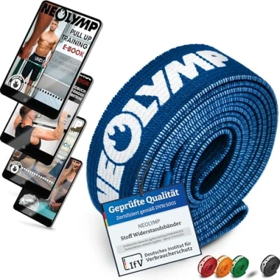 Abbildung von NEOLYMP Lange Fitnessbänder Stoff mit Fitness E Book waschbare Resistance Bands, Widerstandsbänder, Gymnastikband, Fitnessband, Trainingsbänder, Klimmzugbänder, Krafttrainingssets (blau)