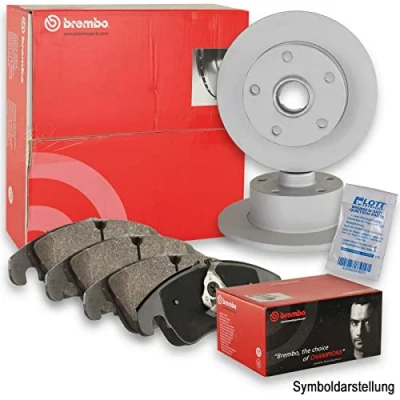 Abbildung von ORIGINAL BREMBO BREMSSCHEIBEN + BREMSBELÄGE BREMSBELAGSATZ KLÖTZE VORNE BREMSENKIT BREMSEN VORDERACHSE