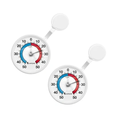 Abbildung von Lantelme 2 Stück Fensterthermometer Set Selbstklebend für Außen Zum Ankleben an Fensterscheibe oder Rahmen Analoges Thermometer Garten und Fenster Deutsche Herstellung in Weiß