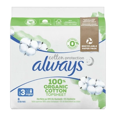 Abbildung von 12x Always Cotton Protection Nacht Damenbinden Oberschicht aus 100 % Bio Baumwolle Größe 3 8 Stück